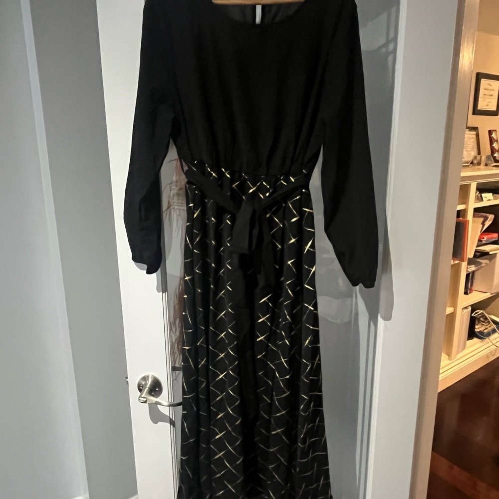 Bloom chic Black & Gold Long Sleeve Maxi Dress with Waist Tie